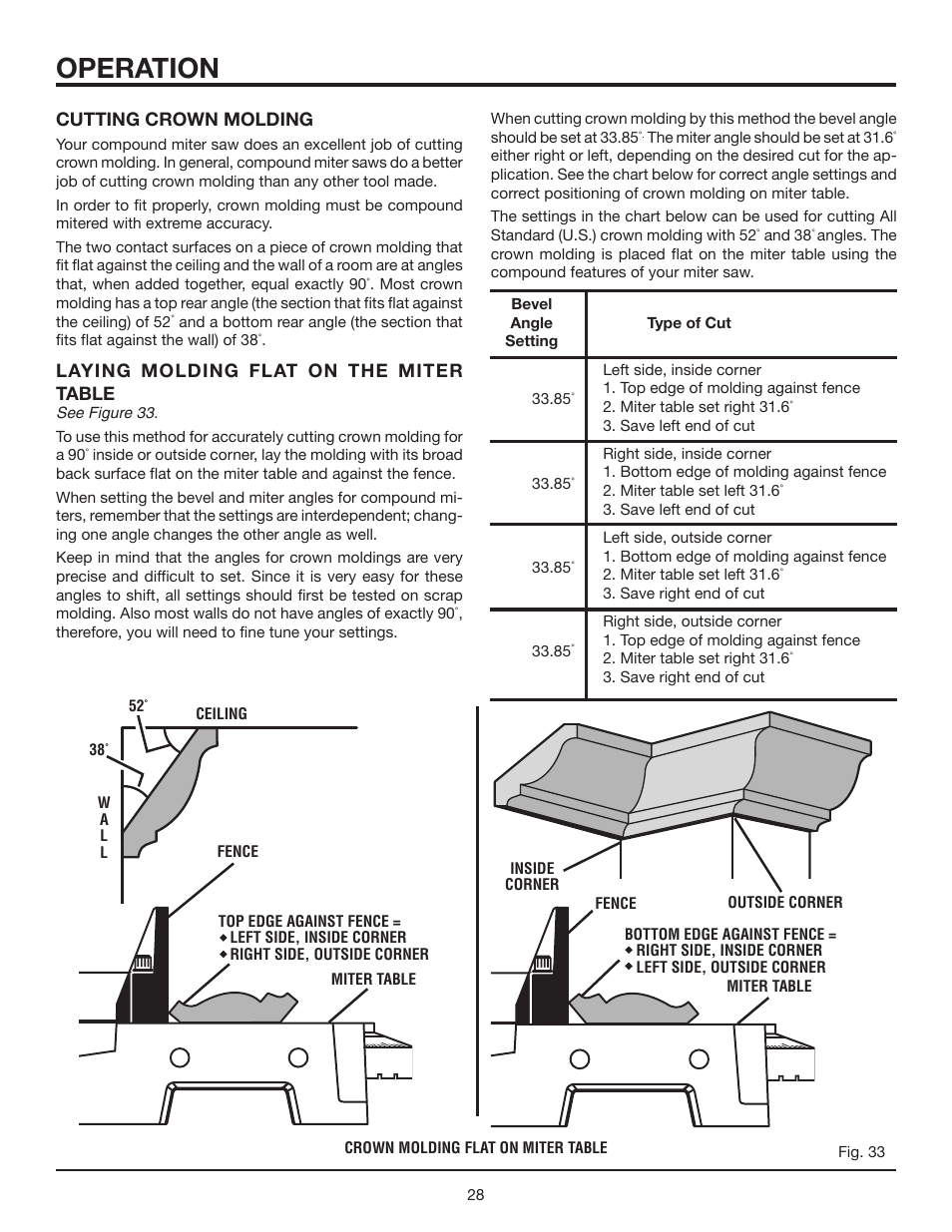 Operation, Cutting crown molding, Laying molding flat on the miter table | RIDGID MS1250LZ1 User Manual | Page 28 / 34