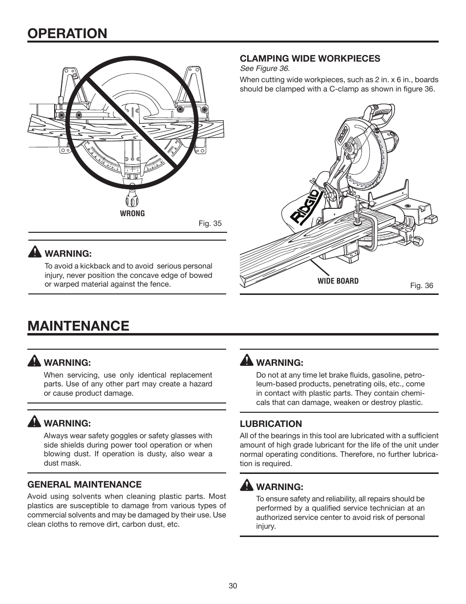 Operation, Maintenance | RIDGID MS1250LZ1 User Manual | Page 30 / 34