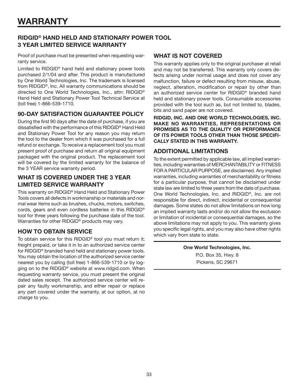 Warranty, Day satisfaction guarantee policy, How to obtain service | Ridgid, Additional limitations | RIDGID MS1250LZ1 User Manual | Page 33 / 34