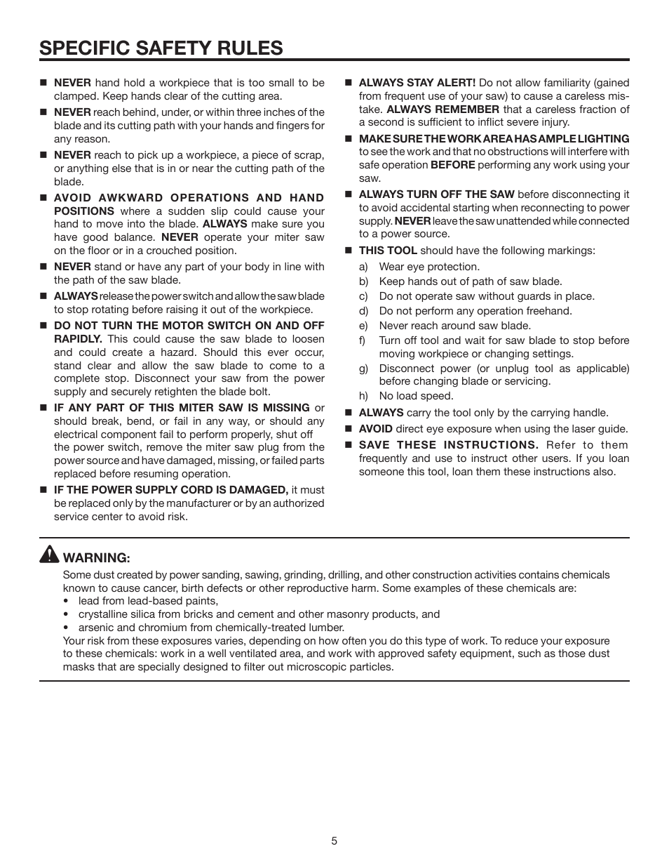 Specific safety rules | RIDGID MS1250LZ1 User Manual | Page 5 / 34