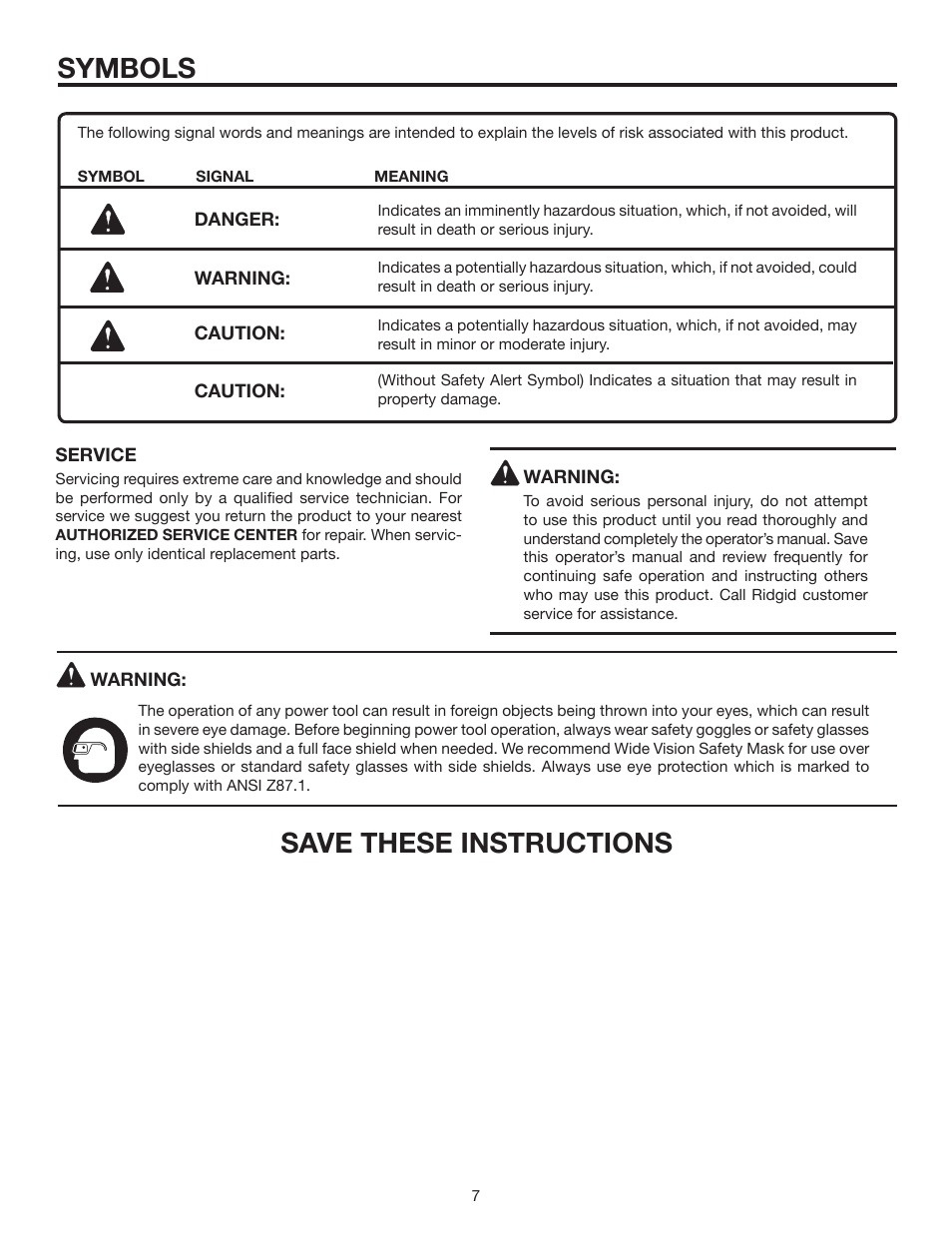 Symbols, Save these instructions | RIDGID MS1250LZ1 User Manual | Page 7 / 34