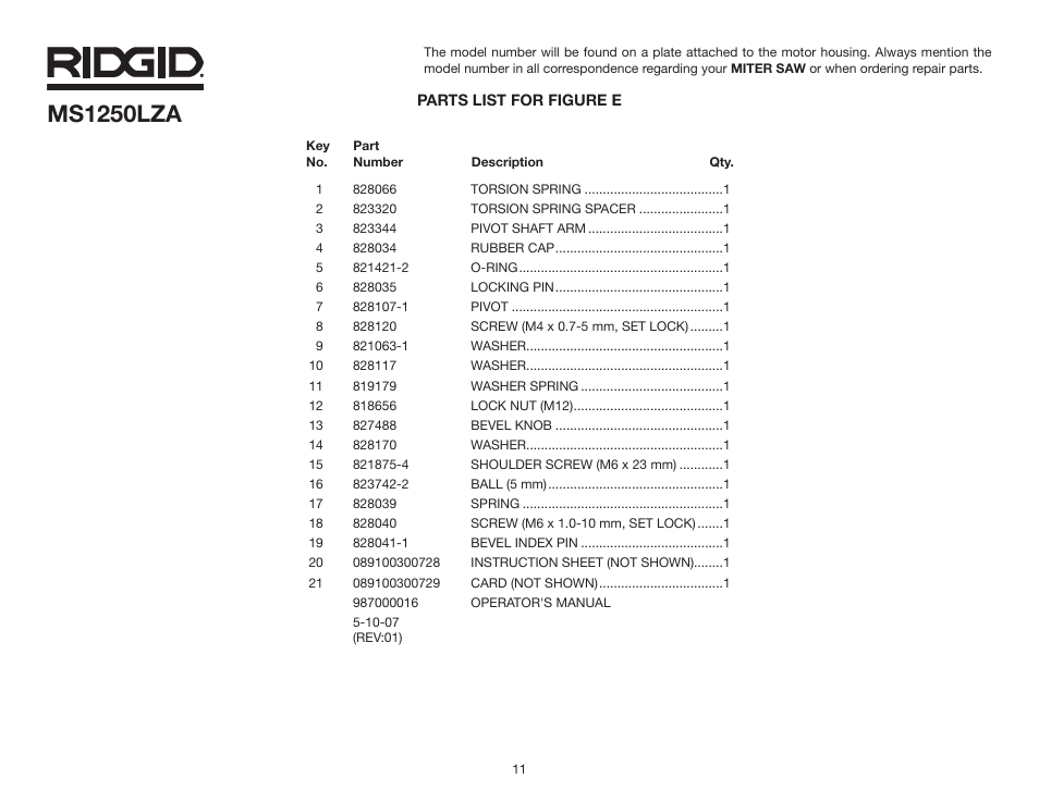 Ms1250lza | RIDGID MS1250LZA User Manual | Page 11 / 36
