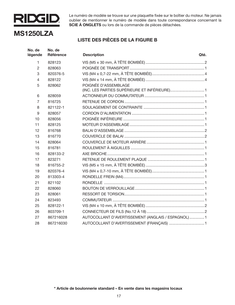 Ms1250lza | RIDGID MS1250LZA User Manual | Page 17 / 36