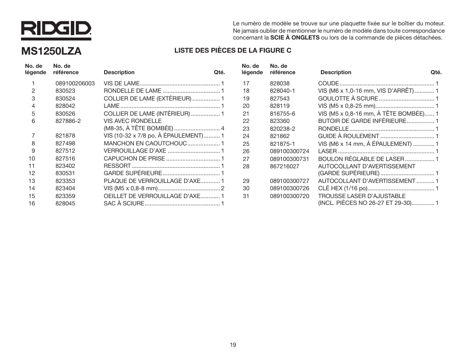 Ms1250lza | RIDGID MS1250LZA User Manual | Page 19 / 36