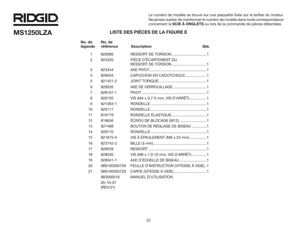 Ms1250lza | RIDGID MS1250LZA User Manual | Page 23 / 36