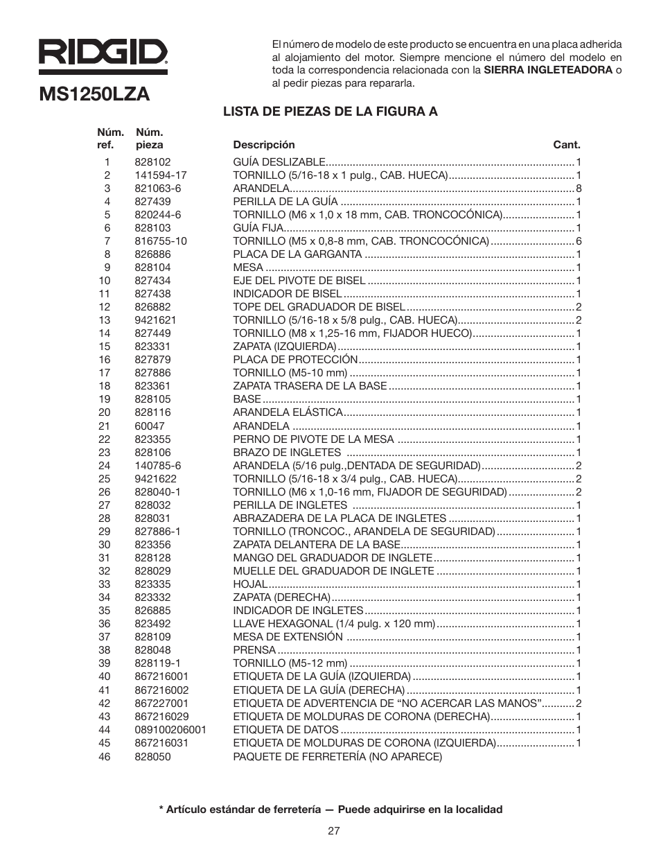 Ms1250lza | RIDGID MS1250LZA User Manual | Page 27 / 36