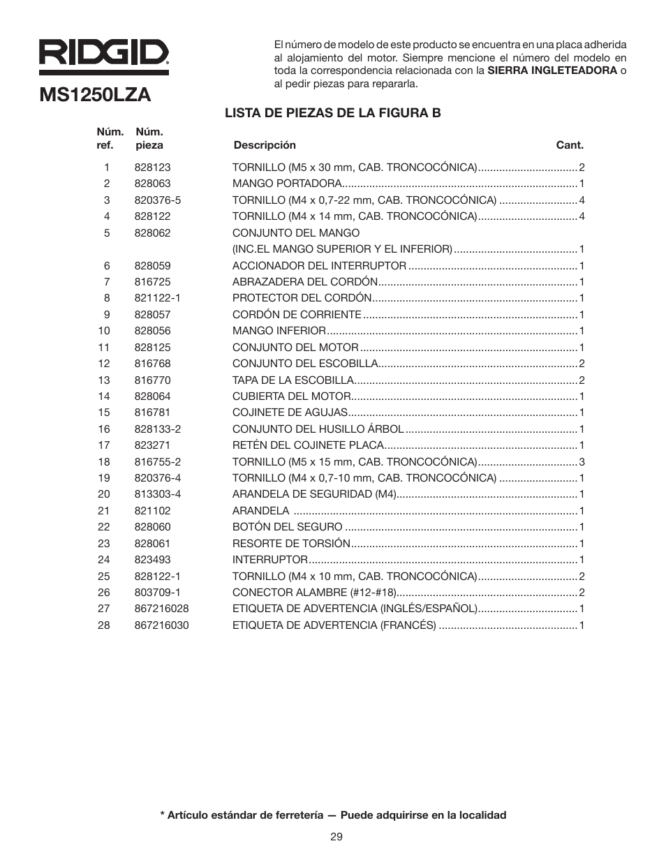 Ms1250lza | RIDGID MS1250LZA User Manual | Page 29 / 36