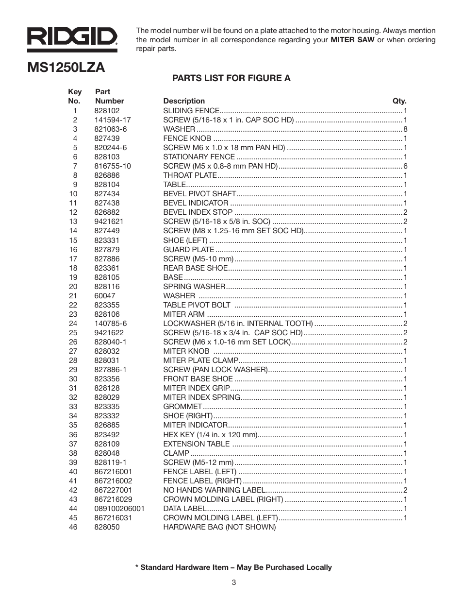 Ms1250lza | RIDGID MS1250LZA User Manual | Page 3 / 36