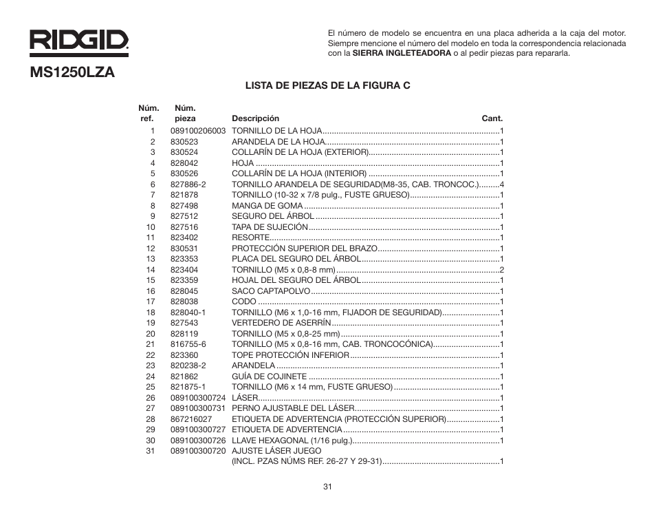 Ms1250lza | RIDGID MS1250LZA User Manual | Page 31 / 36