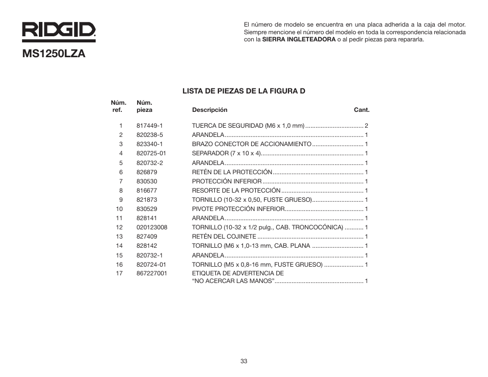 Ms1250lza | RIDGID MS1250LZA User Manual | Page 33 / 36