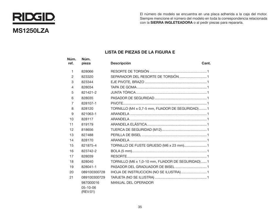 Ms1250lza | RIDGID MS1250LZA User Manual | Page 35 / 36
