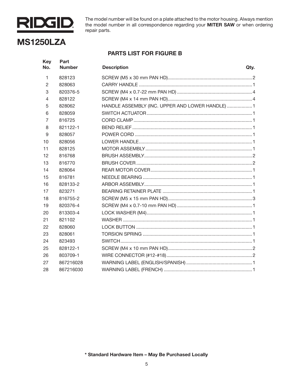 Ms1250lza | RIDGID MS1250LZA User Manual | Page 5 / 36