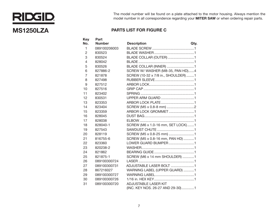 Ms1250lza | RIDGID MS1250LZA User Manual | Page 7 / 36