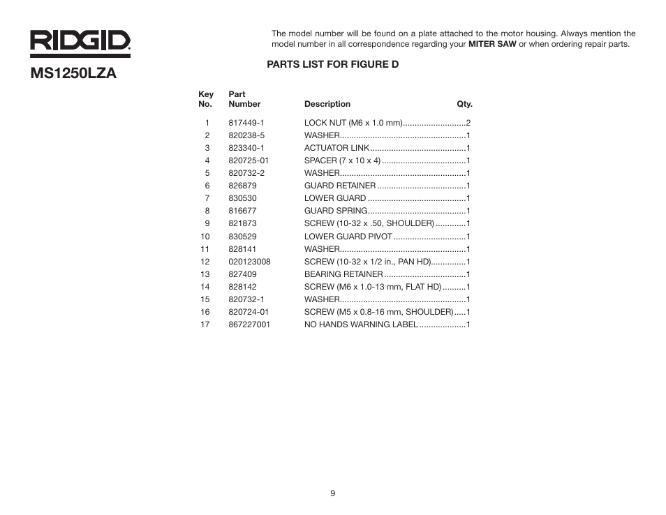 Ms1250lza | RIDGID MS1250LZA User Manual | Page 9 / 36