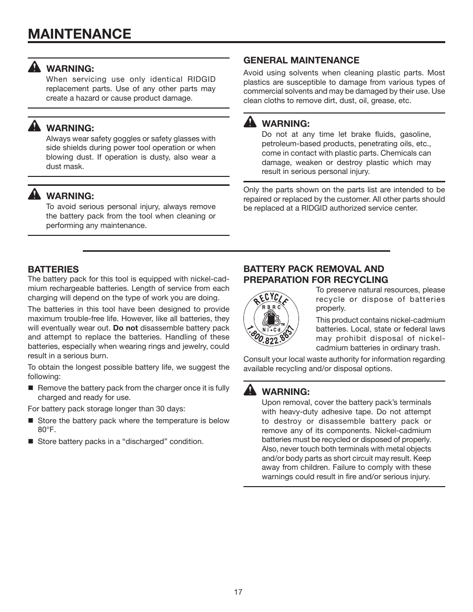 Maintenance | RIDGID R830153 User Manual | Page 17 / 20