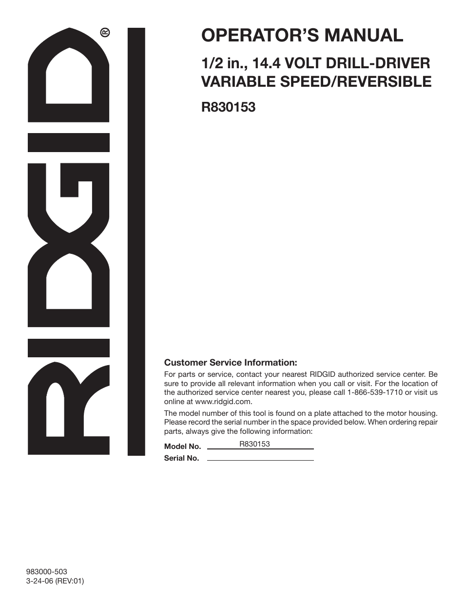 Operator’s manual | RIDGID R830153 User Manual | Page 20 / 20