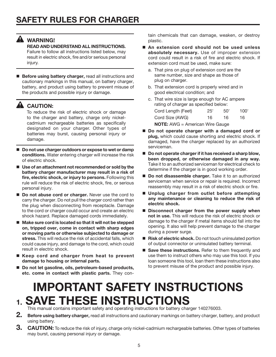 Important safety instructions, Save these instructions, Safety rules for charger | RIDGID R830153 User Manual | Page 5 / 20