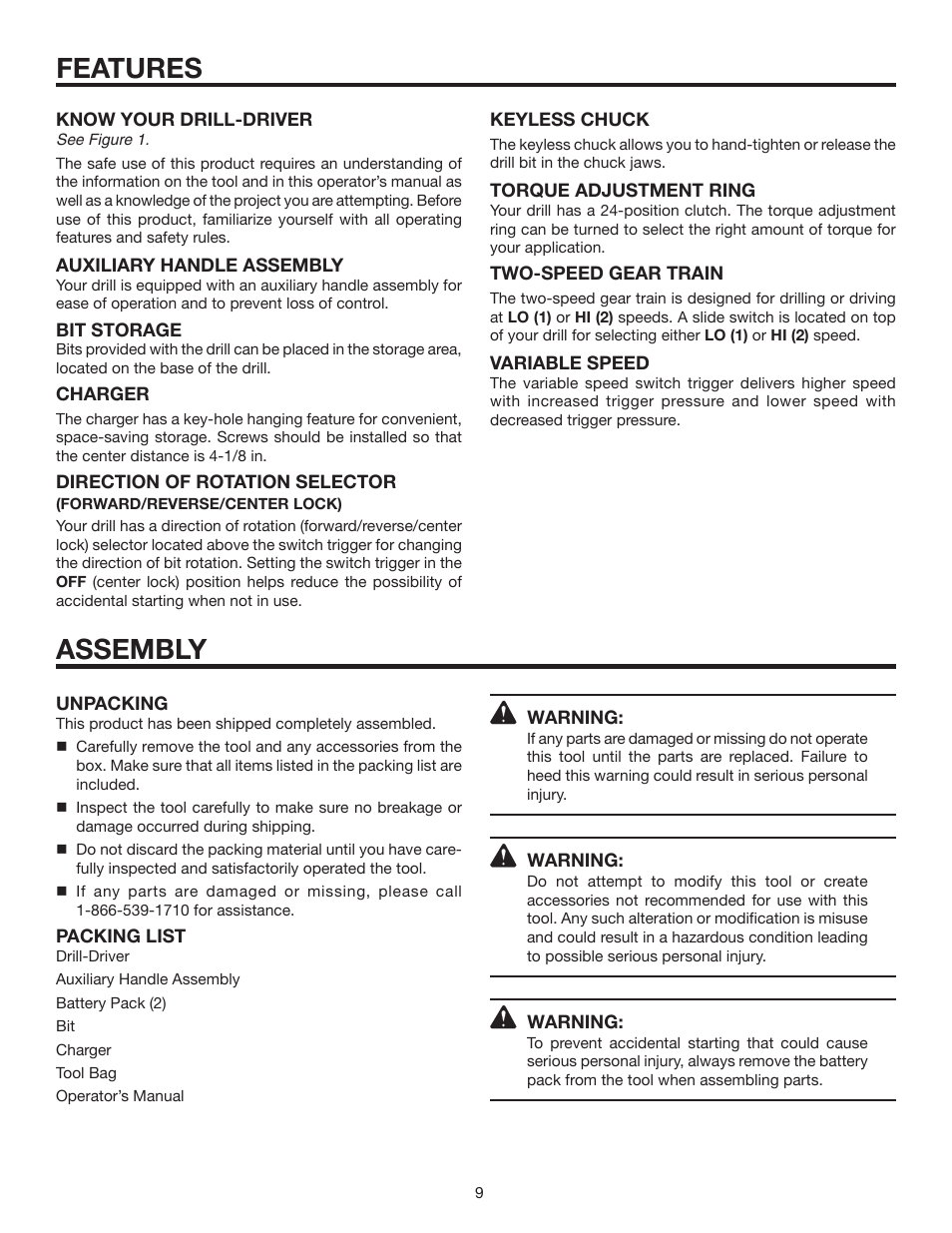 Features, Assembly | RIDGID R830153 User Manual | Page 9 / 20
