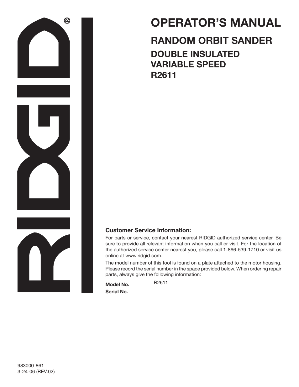 Operator’s manual, Random orbit sander, Double insulated variable speed r2611 | RIDGID R2611 User Manual | Page 16 / 16