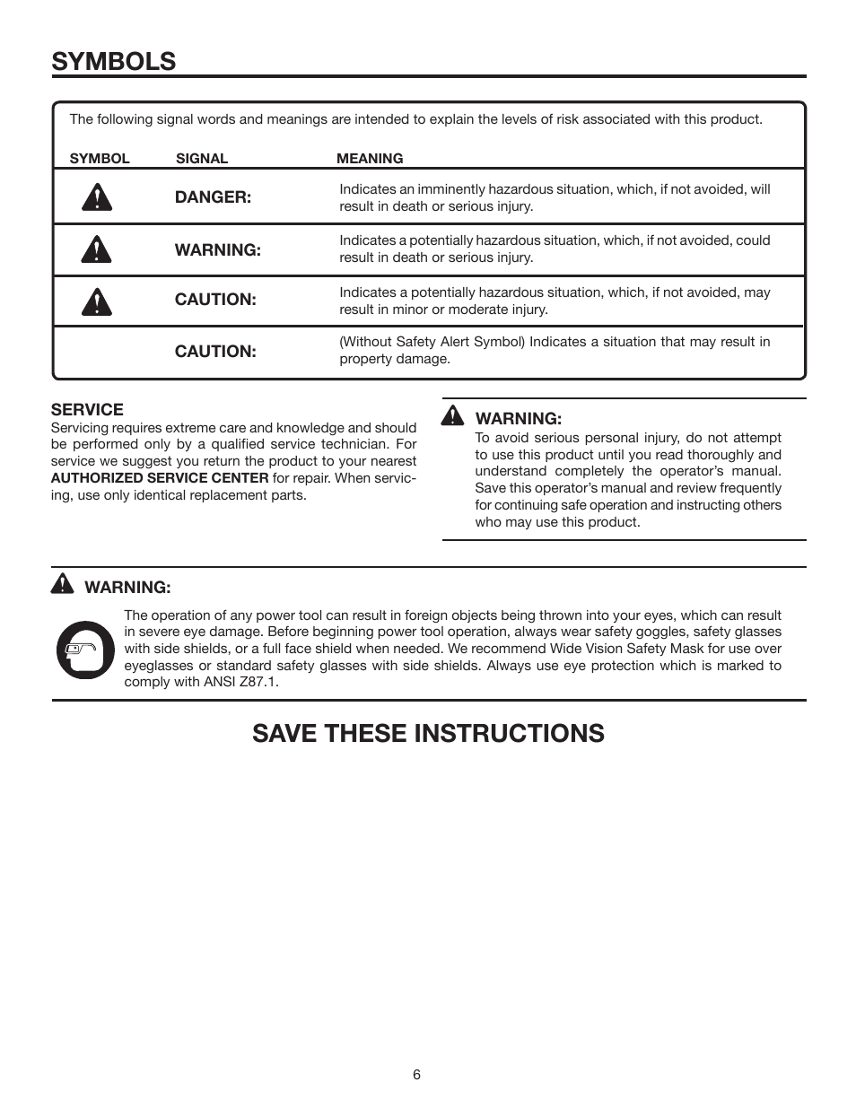Symbols, Save these instructions | RIDGID R2611 User Manual | Page 6 / 16