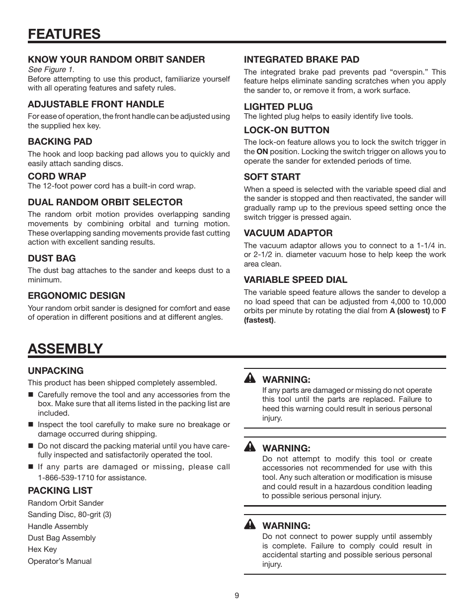 Features, Assembly | RIDGID R2611 User Manual | Page 9 / 16