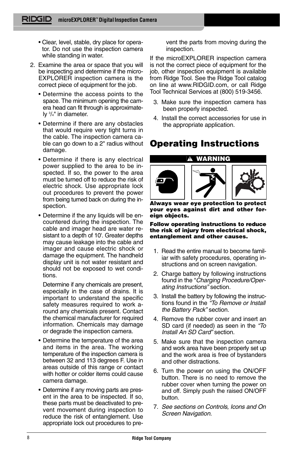Operating instructions | RIDGID Digital Inspection Camera microEXPLORER User Manual | Page 10 / 71