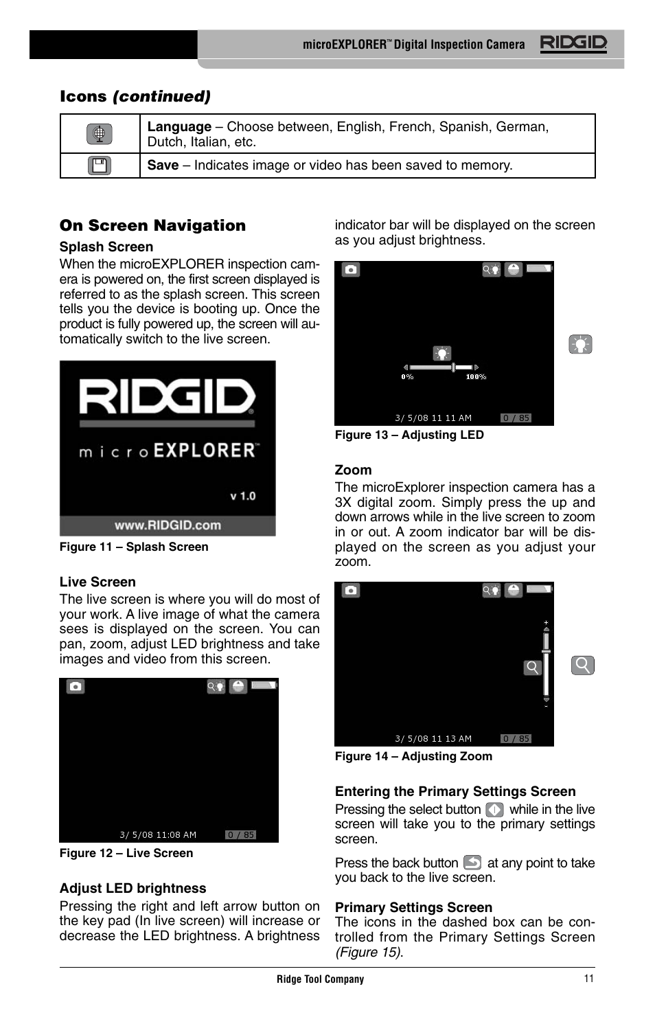 Continued), On screen navigation, Icons | RIDGID Digital Inspection Camera microEXPLORER User Manual | Page 13 / 71