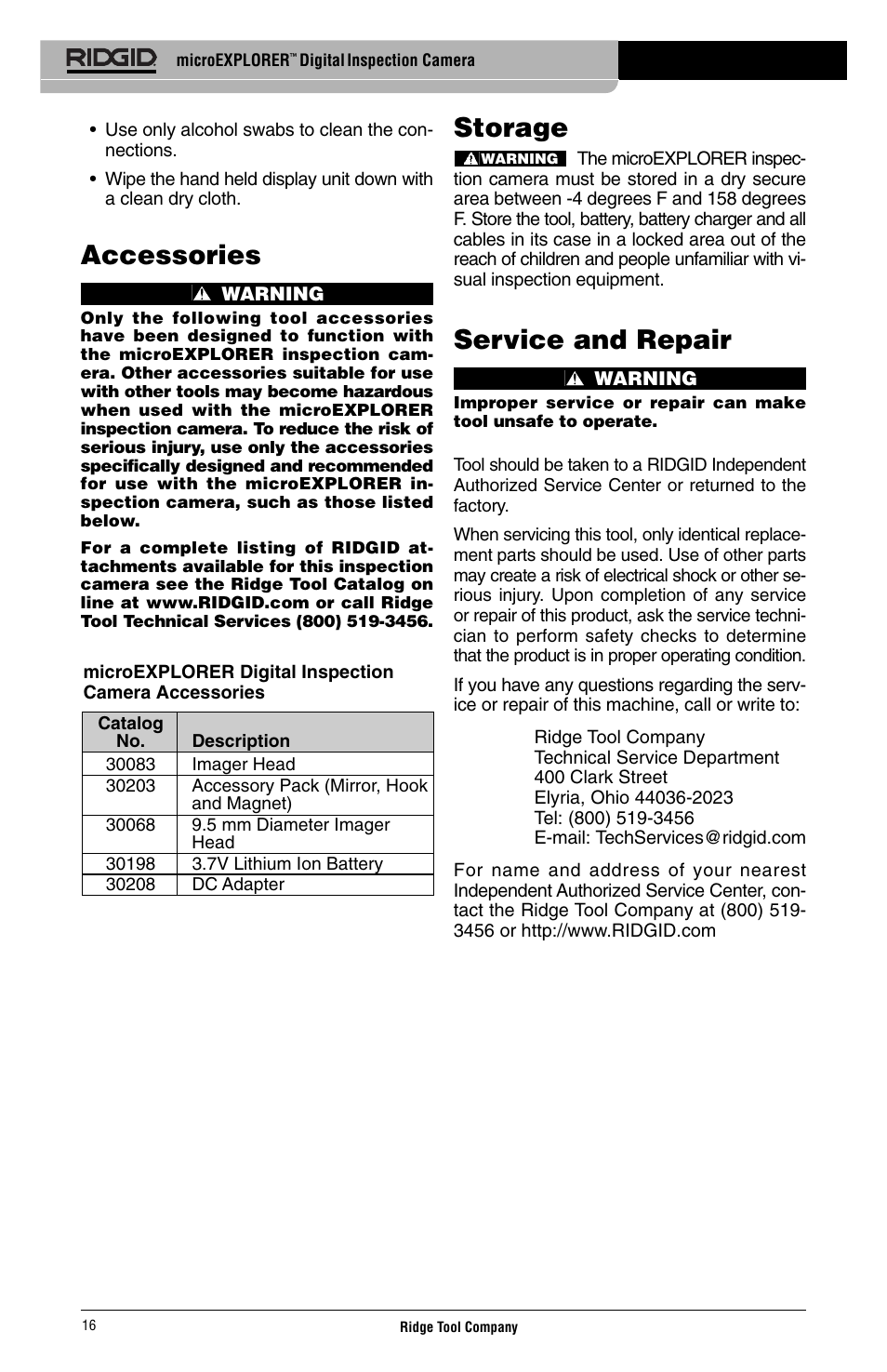 Accessories, Storage, Service and repair | RIDGID Digital Inspection Camera microEXPLORER User Manual | Page 18 / 71