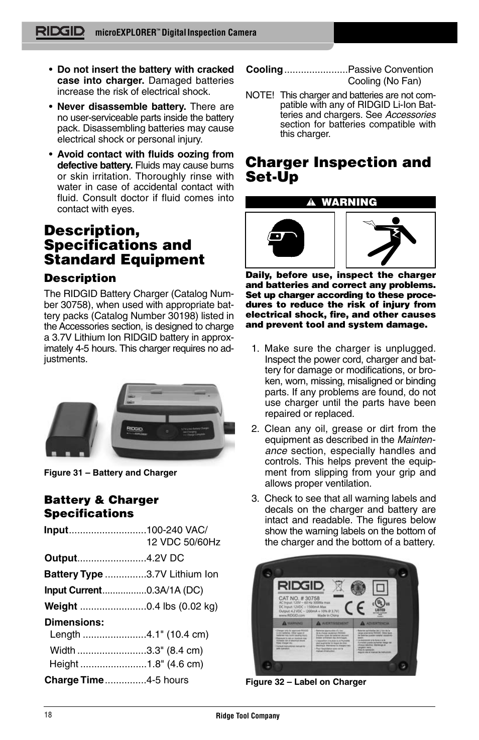 Description, specifications and standard equipment, Charger inspection and set-up | RIDGID Digital Inspection Camera microEXPLORER User Manual | Page 20 / 71