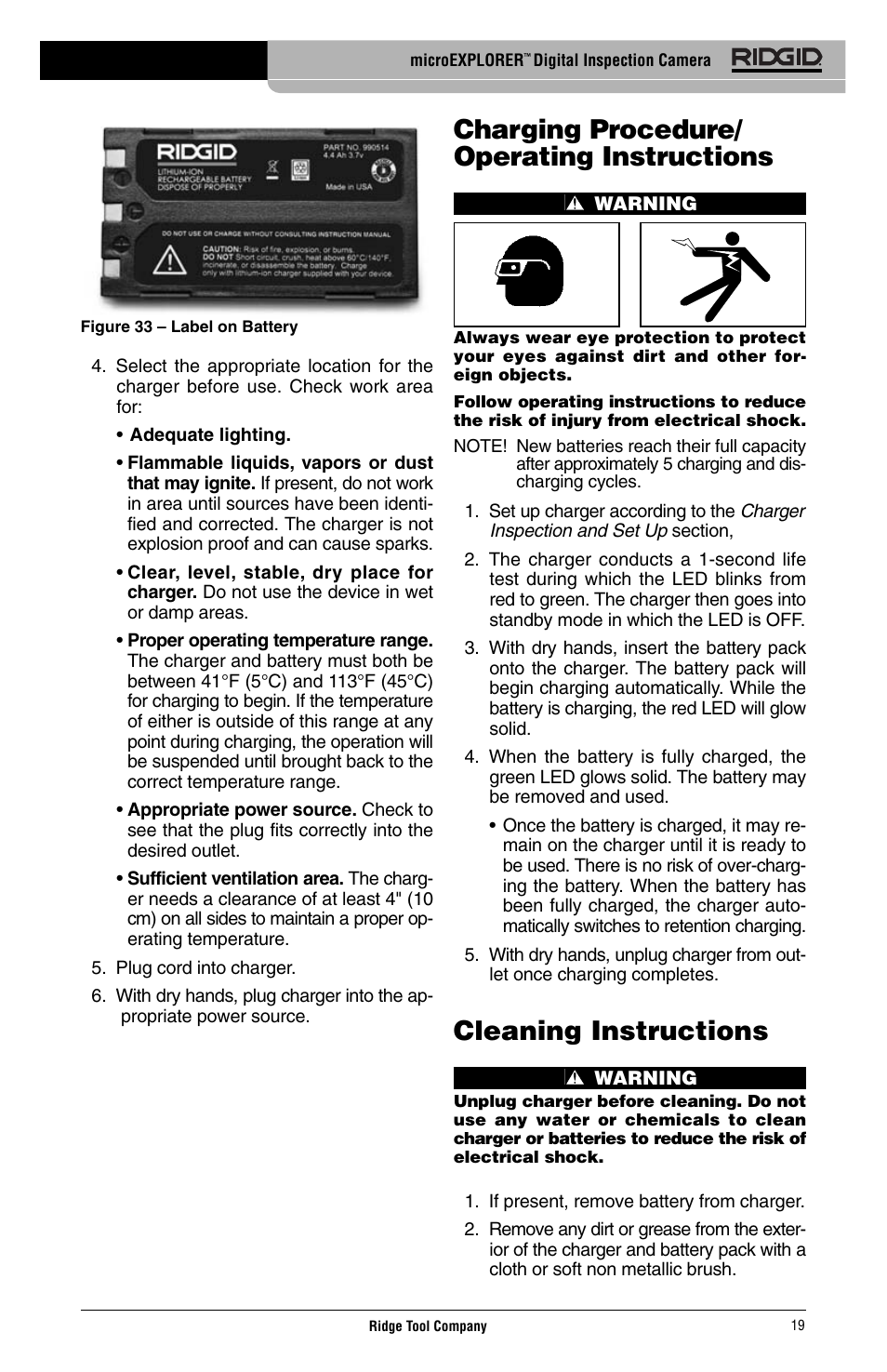 Charging procedure/ operating instructions, Cleaning instructions | RIDGID Digital Inspection Camera microEXPLORER User Manual | Page 21 / 71