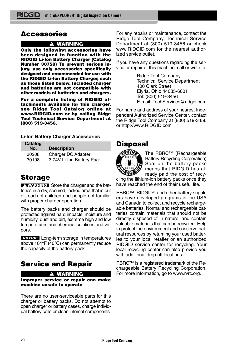 Accessories, Storage, Service and repair | Disposal | RIDGID Digital Inspection Camera microEXPLORER User Manual | Page 22 / 71