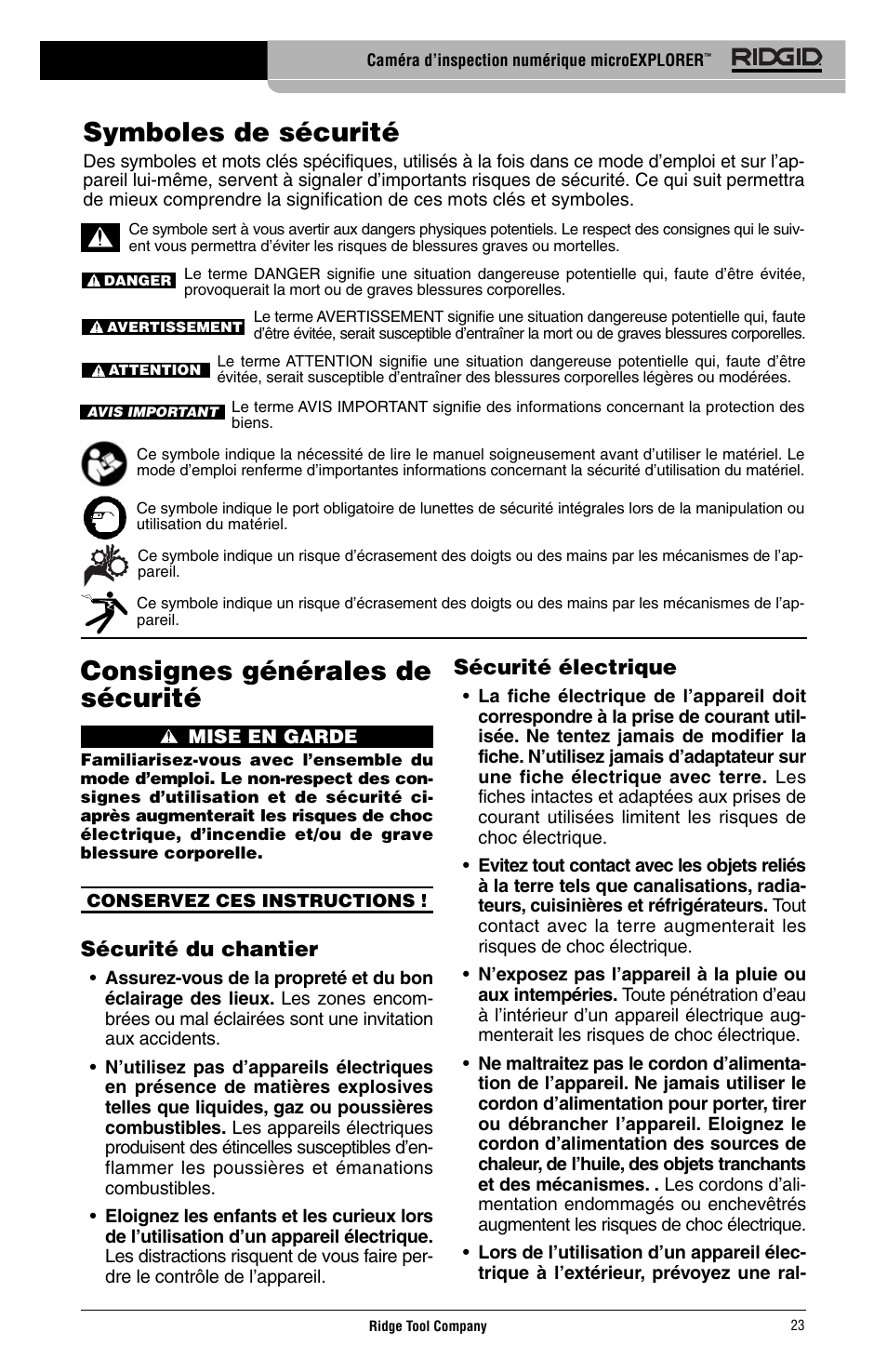 Consignes générales de sécurité, Symboles de sécurité, Sécurité du chantier | Sécurité électrique | RIDGID Digital Inspection Camera microEXPLORER User Manual | Page 25 / 71