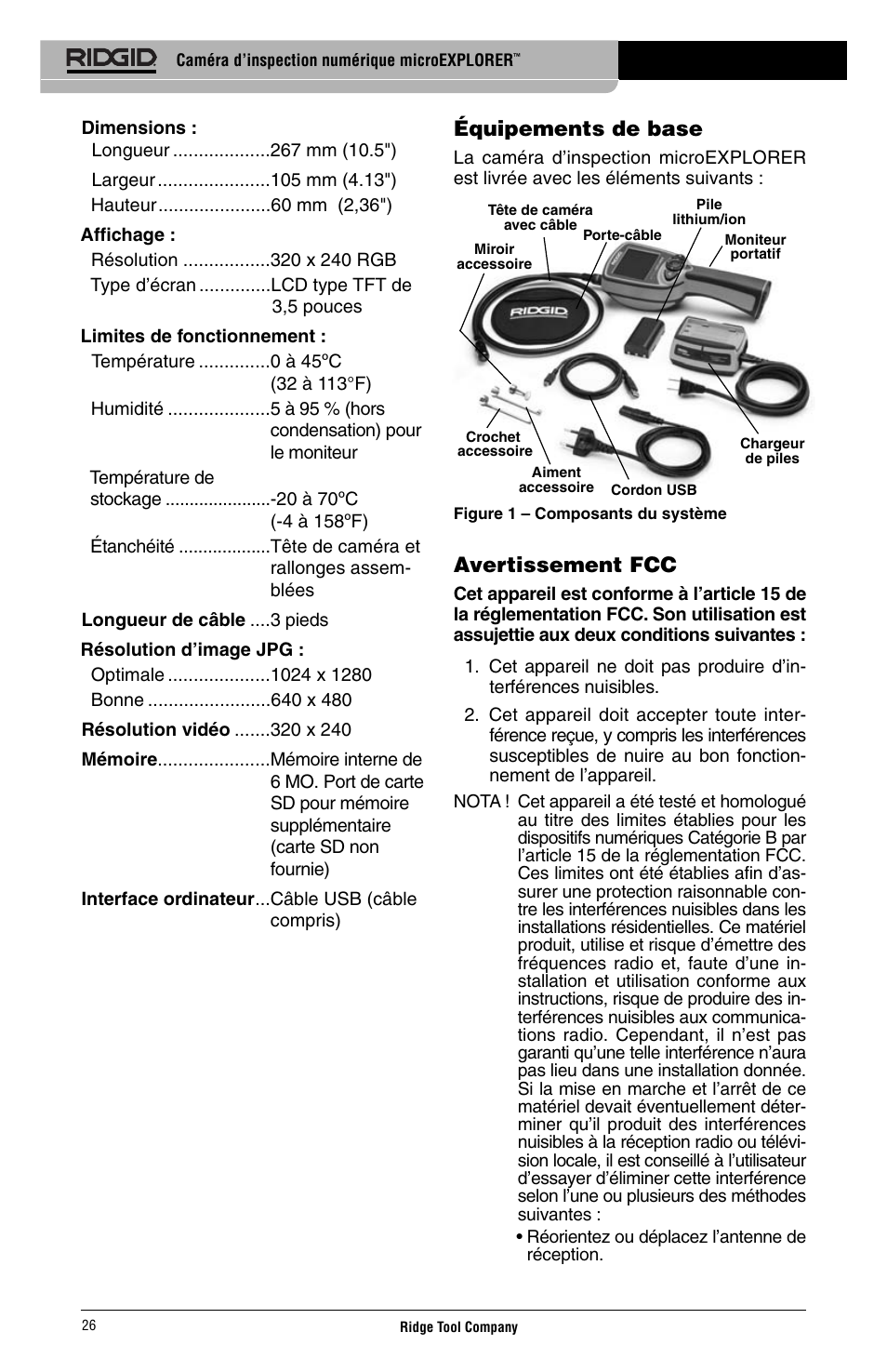 Équipements de base, Avertissement fcc | RIDGID Digital Inspection Camera microEXPLORER User Manual | Page 28 / 71