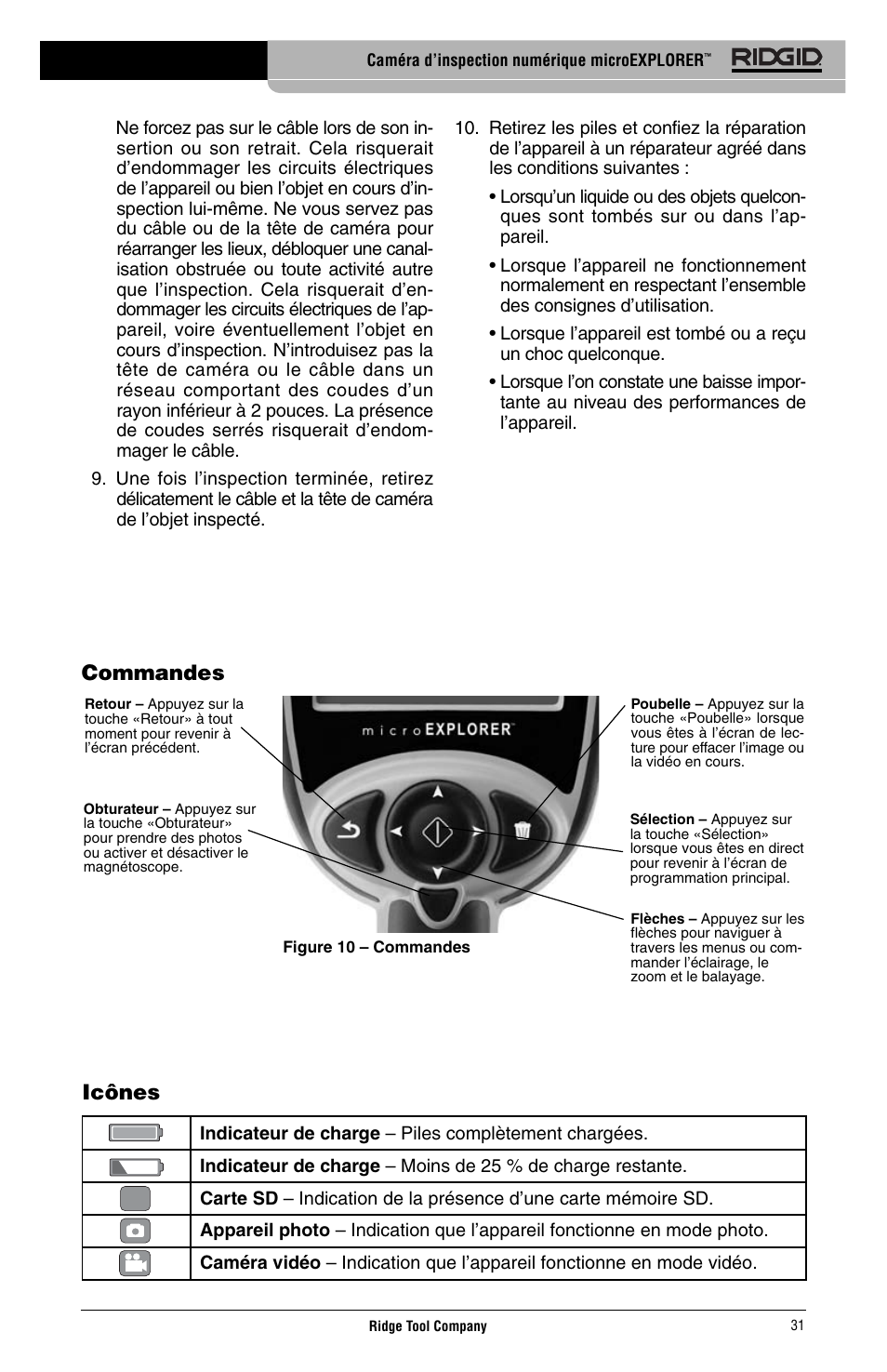 Commandes icônes | RIDGID Digital Inspection Camera microEXPLORER User Manual | Page 33 / 71