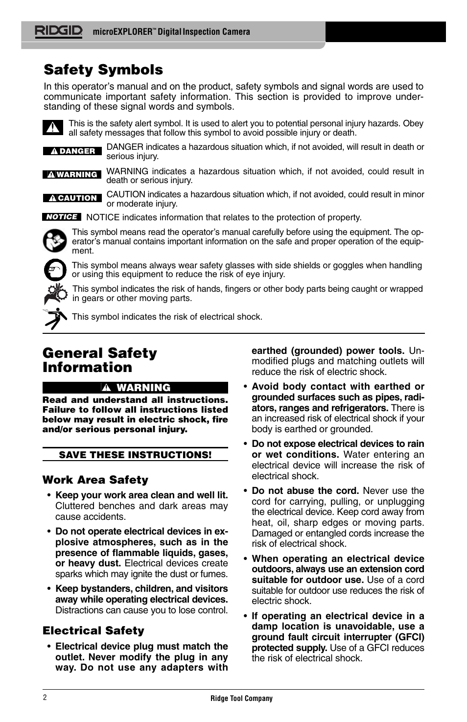 General safety information, Safety symbols, Work area safety | Electrical safety | RIDGID Digital Inspection Camera microEXPLORER User Manual | Page 4 / 71