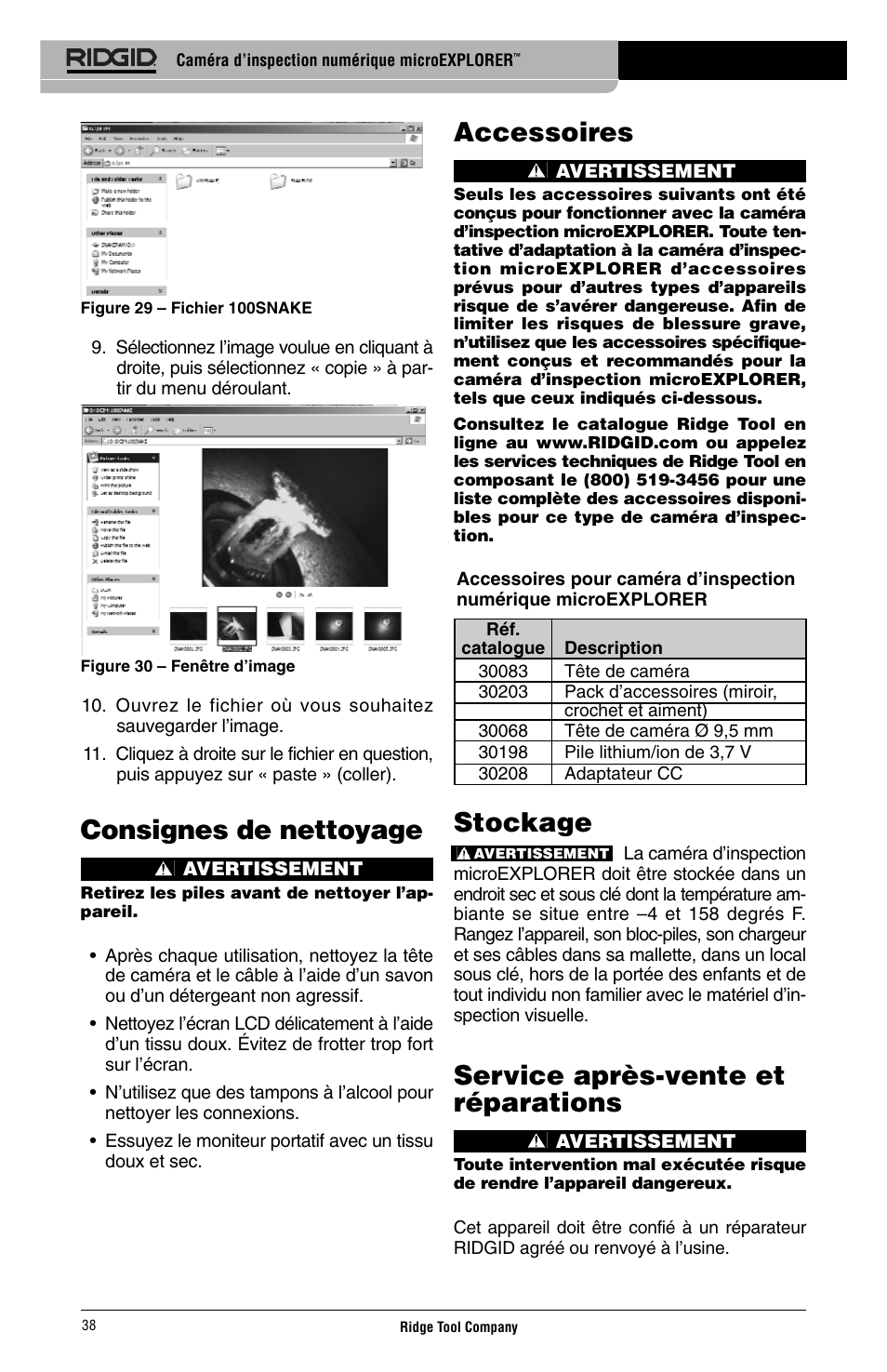 Consignes de nettoyage, Accessoires, Stockage | Service après-vente et réparations | RIDGID Digital Inspection Camera microEXPLORER User Manual | Page 40 / 71