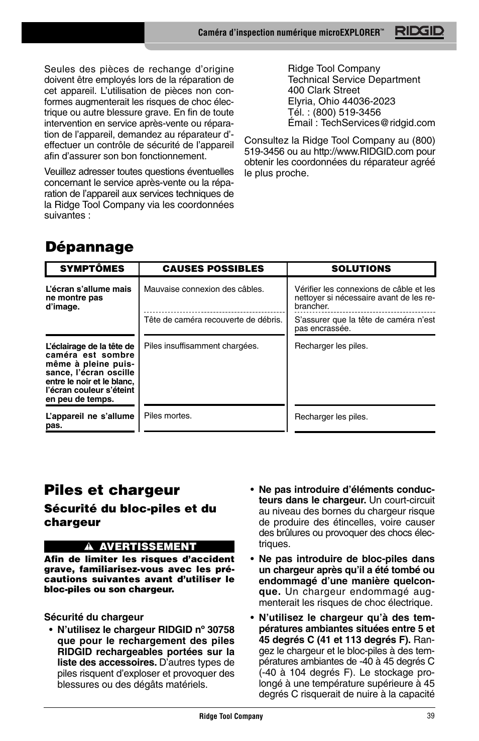 Piles et chargeur, Dépannage, Sécurité du bloc-piles et du chargeur | RIDGID Digital Inspection Camera microEXPLORER User Manual | Page 41 / 71