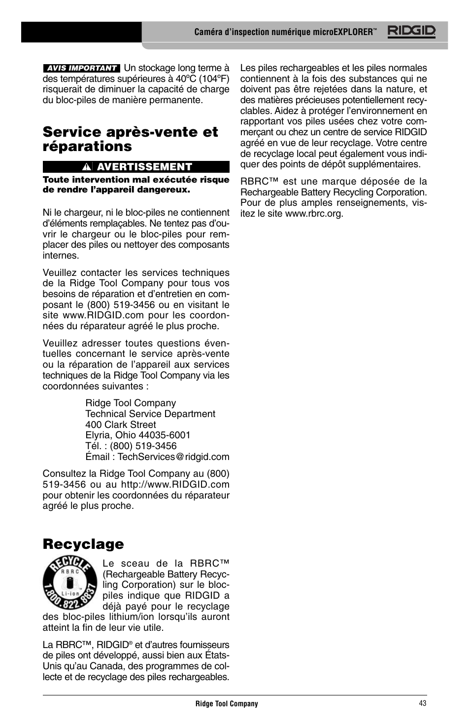 Service après-vente et réparations, Recyclage | RIDGID Digital Inspection Camera microEXPLORER User Manual | Page 45 / 71