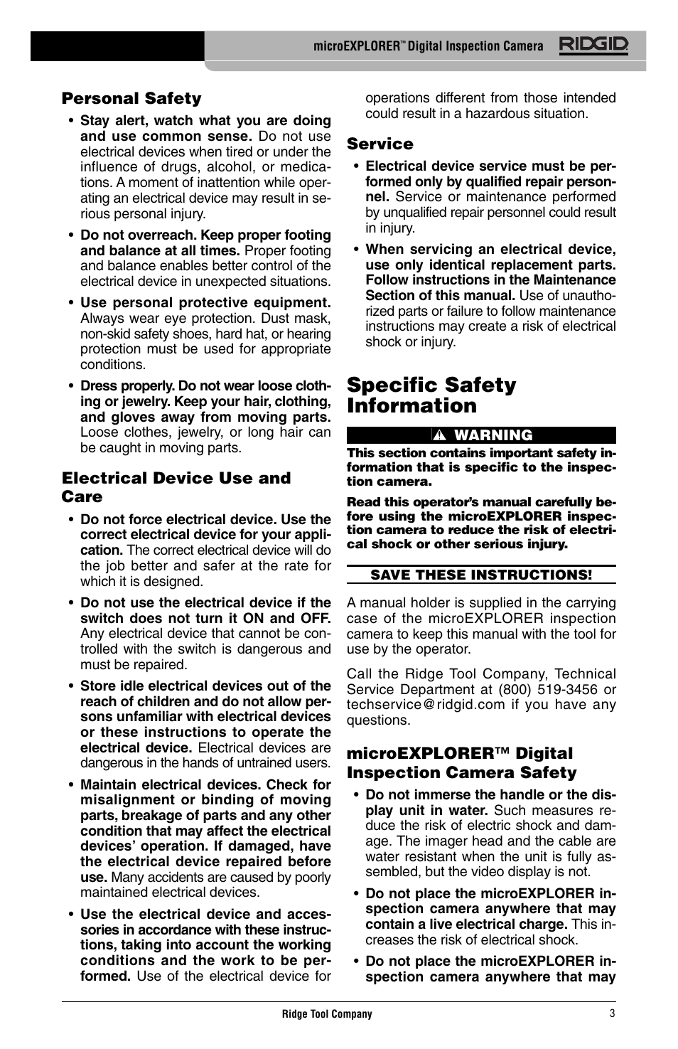 Specific safety information | RIDGID Digital Inspection Camera microEXPLORER User Manual | Page 5 / 71