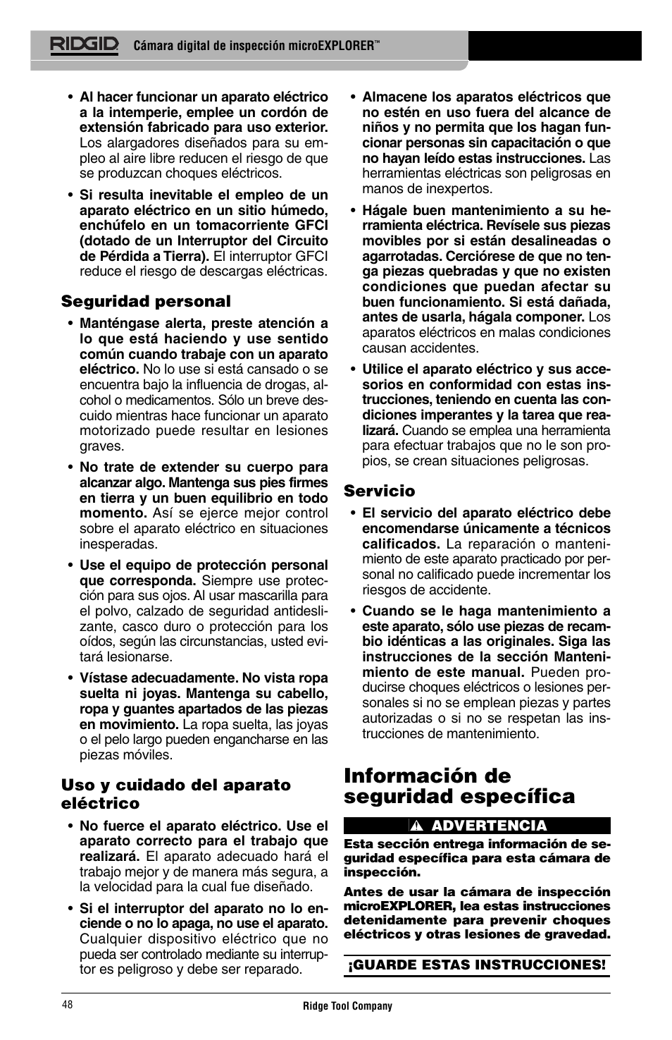 Información de seguridad específica | RIDGID Digital Inspection Camera microEXPLORER User Manual | Page 50 / 71