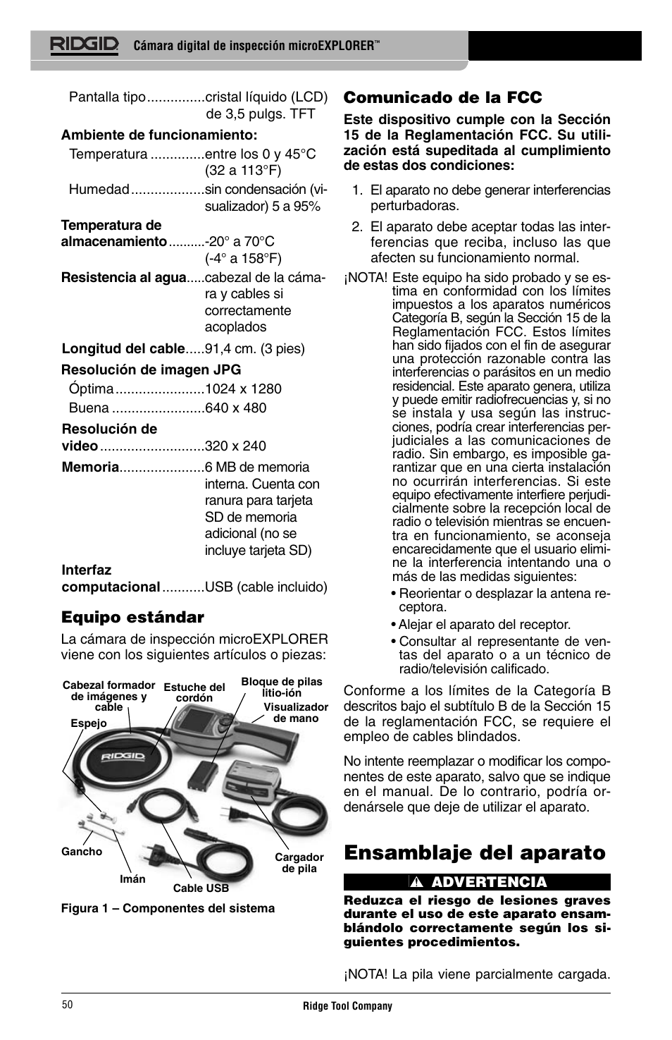 Ensamblaje del aparato, Equipo estándar, Comunicado de la fcc | RIDGID Digital Inspection Camera microEXPLORER User Manual | Page 52 / 71