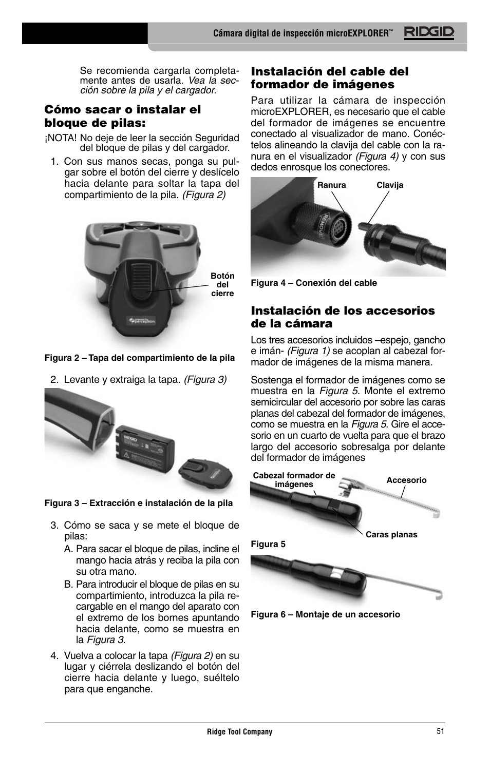 Cómo sacar o instalar el bloque de pilas, Instalación del cable del formador de imágenes, Instalación de los accesorios de la cámara | RIDGID Digital Inspection Camera microEXPLORER User Manual | Page 53 / 71