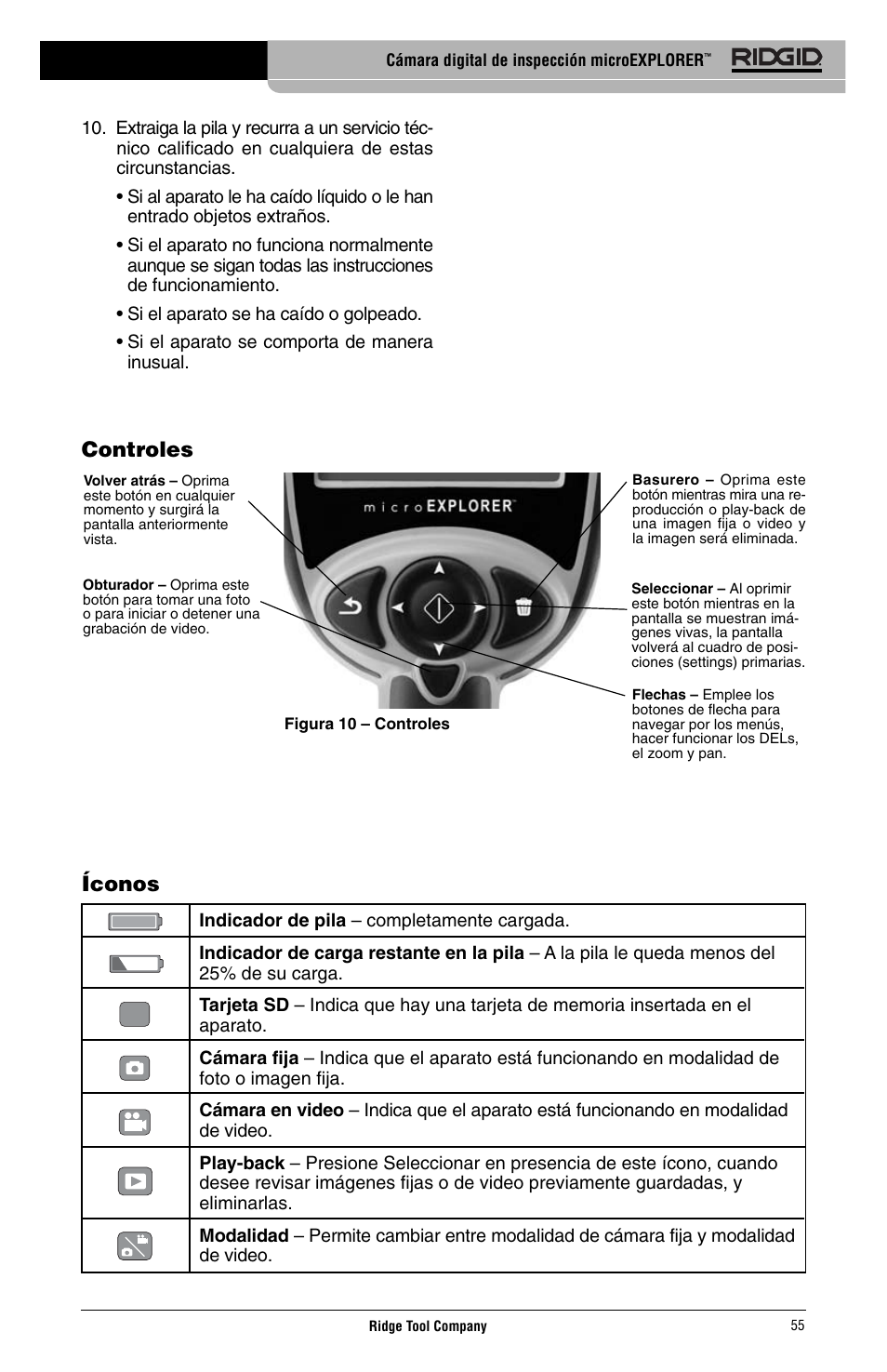 Controles íconos | RIDGID Digital Inspection Camera microEXPLORER User Manual | Page 57 / 71