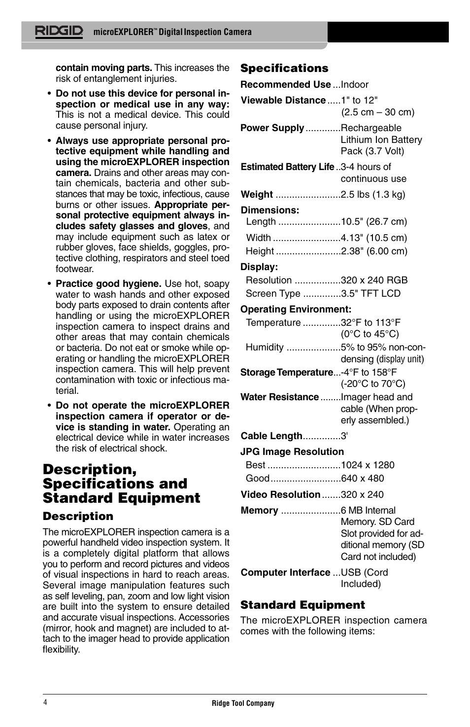 Description, specifications and standard equipment | RIDGID Digital Inspection Camera microEXPLORER User Manual | Page 6 / 71