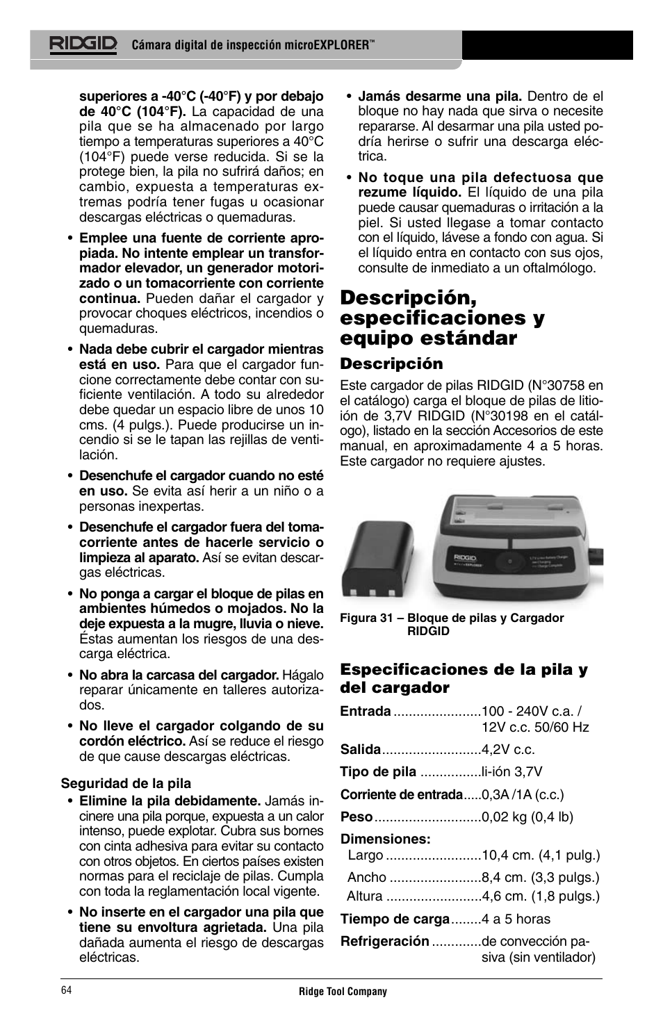 Descripción, especificaciones y equipo estándar | RIDGID Digital Inspection Camera microEXPLORER User Manual | Page 66 / 71