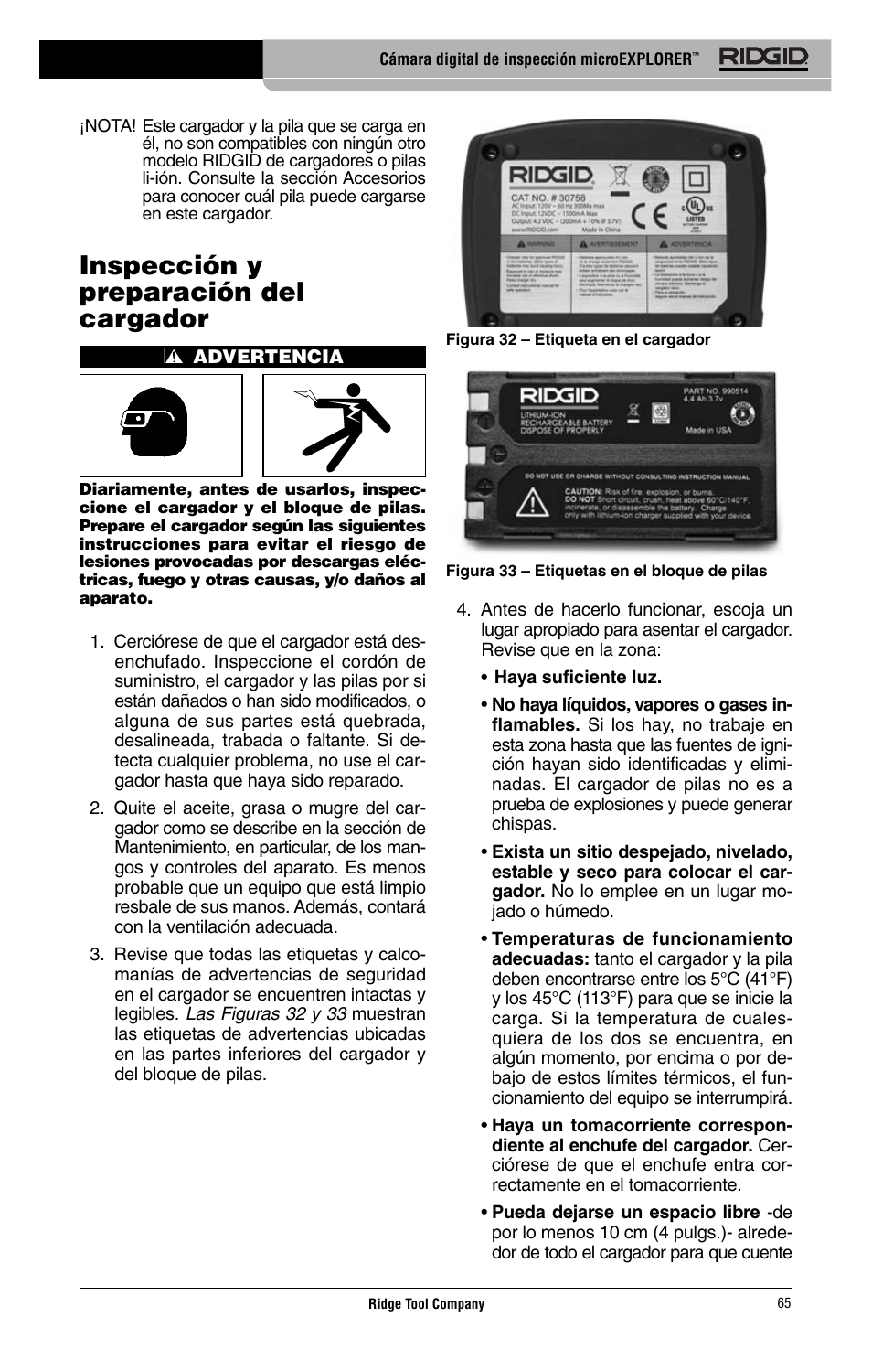 Inspección y preparación del cargador | RIDGID Digital Inspection Camera microEXPLORER User Manual | Page 67 / 71