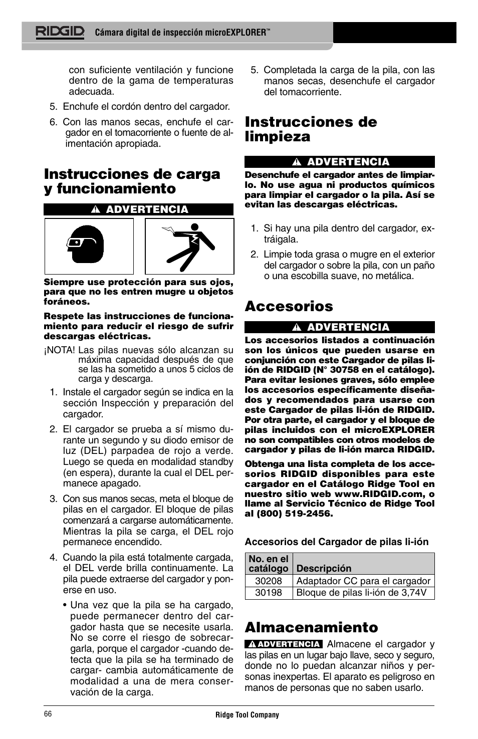 Instrucciones de limpieza, Accesorios, Almacenamiento | Instrucciones de carga y funcionamiento | RIDGID Digital Inspection Camera microEXPLORER User Manual | Page 68 / 71