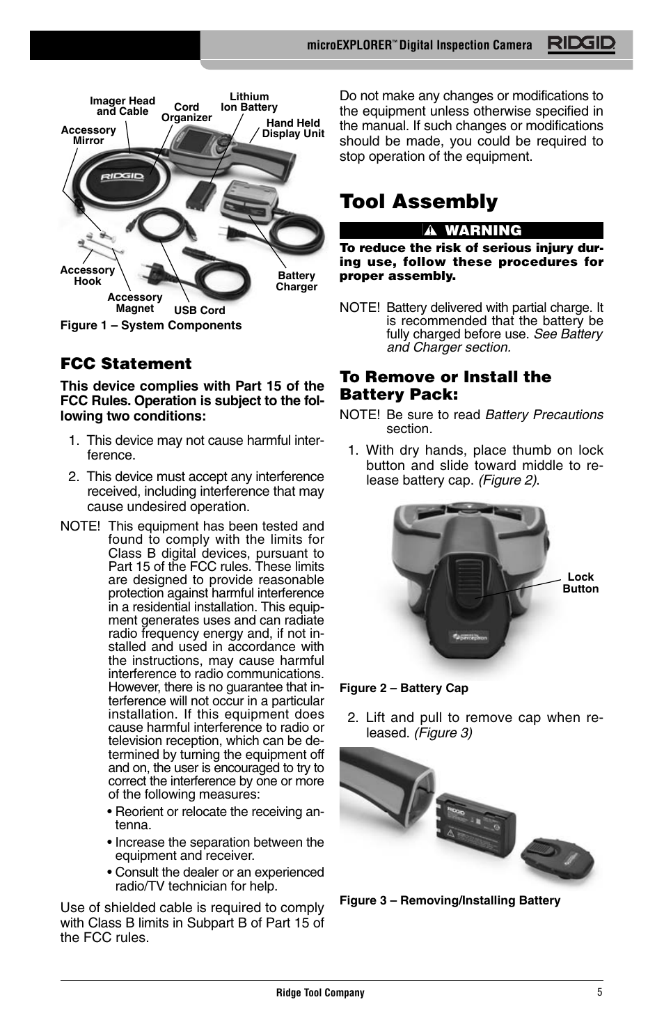 Tool assembly, Fcc statement | RIDGID Digital Inspection Camera microEXPLORER User Manual | Page 7 / 71