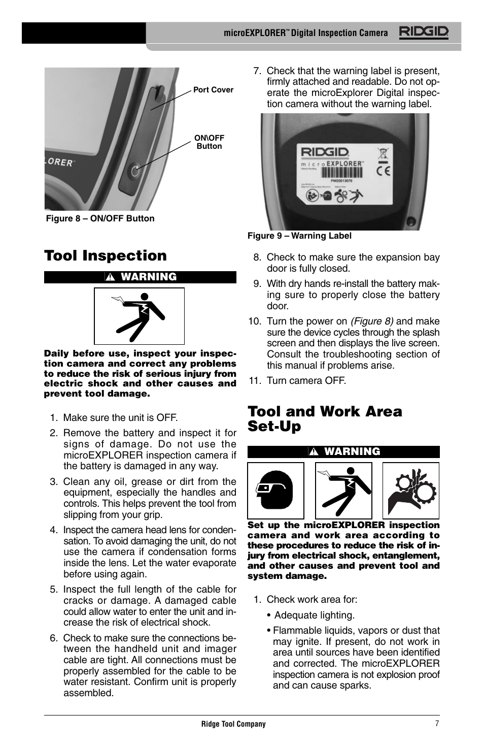 Tool inspection, Tool and work area set-up | RIDGID Digital Inspection Camera microEXPLORER User Manual | Page 9 / 71