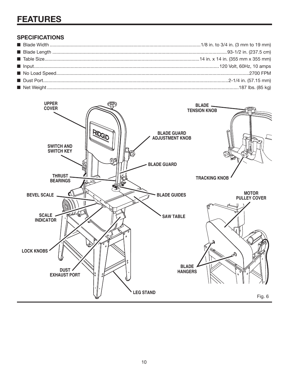 Features, Specifications | RIDGID BS14002 User Manual | Page 10 / 36